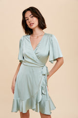 Sage Satin Ruffle Wrap Dress