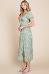 Green Ditsy Floral Puff Sleeved Smocked-Back Midi Dress