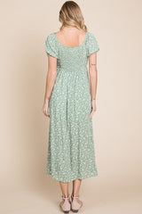 Green Ditsy Floral Puff Sleeved Smocked-Back Midi Dress