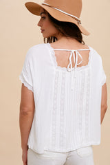 Off White Lace Inset Square Neck Button Top