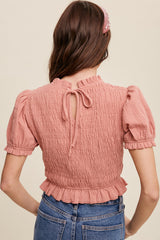 Pink Puff Sleeve Smocked Crop Top With Back Tie