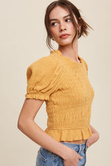 Mustard Puff Sleeve Smocked Crop Top With Back Tie