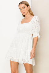 White Bow-Detail Eyelet Mini Dress