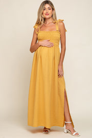 Yellow Textured Smocked Shoulder Tie Maternity Maxi Dress