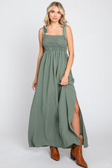 Olive Textured Smocked Shoulder Tie Maternity Maxi Dress