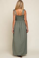 Olive Textured Smocked Shoulder Tie Maternity Maxi Dress