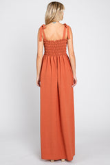 Rust Textured Smocked Shoulder Tie Maxi Dress