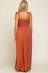 Rust Textured Smocked Shoulder Tie Maternity Maxi Dress