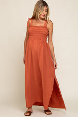 Rust Textured Smocked Shoulder Tie Maternity Maxi Dress