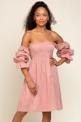 Pink Smocked Off Shoulder Long Sleeve Maternity Dress