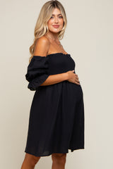 Black Smocked Off Shoulder Long Sleeve Maternity Dress