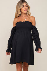 Black Smocked Off Shoulder Long Sleeve Maternity Dress