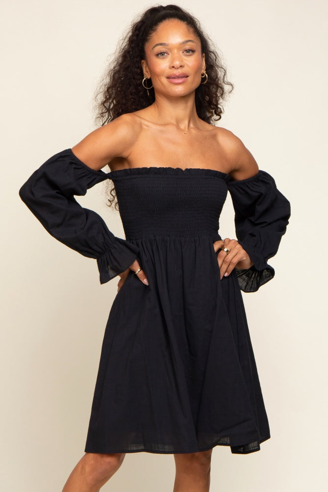 Black Smocked Off Shoulder Long Sleeve Dress PinkBlush