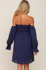 Navy Blue Smocked Off Shoulder Long Sleeve Maternity Dress