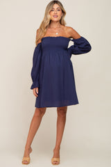 Navy Blue Smocked Off Shoulder Long Sleeve Maternity Dress