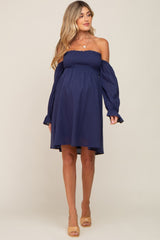 Navy Blue Smocked Off Shoulder Long Sleeve Maternity Dress