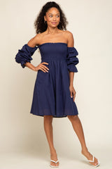 Navy Blue Smocked Off Shoulder Long Sleeve Maternity Dress