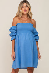 Blue Smocked Off Shoulder Long Sleeve Maternity Dress