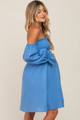 Blue Smocked Off Shoulder Long Sleeve Maternity Dress