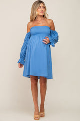 Blue Smocked Off Shoulder Long Sleeve Maternity Dress