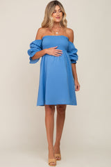 Blue Smocked Off Shoulder Long Sleeve Maternity Dress