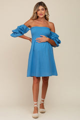 Blue Smocked Off Shoulder Long Sleeve Maternity Dress