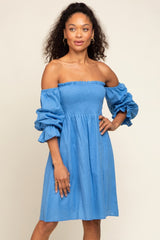 Blue Smocked Off Shoulder Long Sleeve Maternity Dress