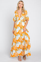 Orange Floral Deep V-Neck Maternity Maxi Dress