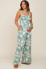 Mint Floral Sweetheart Neck Maternity Jumpsuit