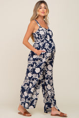 Navy Floral Sweetheart Neck Maternity Jumpsuit