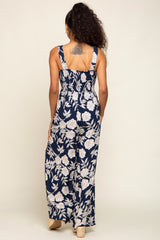 Navy Floral Sweetheart Neck Jumpsuit