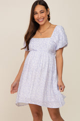 Ivory Leaf Print Puff Sleeve Maternity Dress