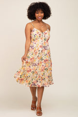 Peach Floral Button Tiered Maternity Midi Dress