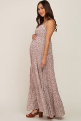 Taupe Floral Tiered Maternity Maxi Dress