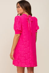 Fuchsia Lace Short Sleeve Satin Tie Maternity Dress