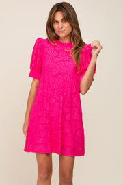 Fuchsia Lace Short Sleeve Satin Tie Dress