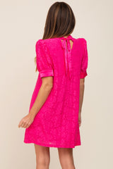 Fuchsia Lace Short Sleeve Satin Tie Dress