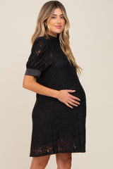 Black Lace Short Sleeve Satin Tie Maternity Dress