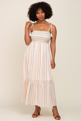 Ivory Striped Smocked Shoulder Tie Maxi Dress