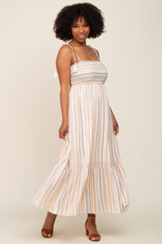 Ivory Striped Smocked Shoulder Tie Maxi Dress