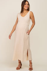 Beige Lightweight Sleeveless Open Back Maternity Maxi Dress