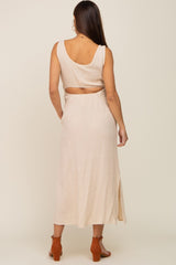 Beige Lightweight Sleeveless Open Back Maternity Maxi Dress