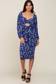 Navy Blue Floral Front Cutout Midi Dress