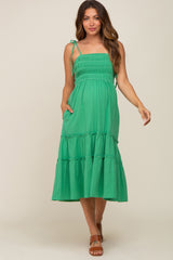 Green Sleeveless Tiered Maternity Midi Dress