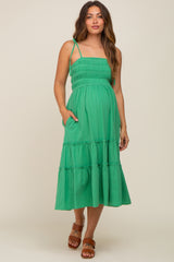 Green Sleeveless Tiered Maternity Midi Dress