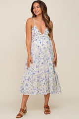 Blue Floral Tiered Maternity Midi Dress