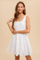 Ivory Botton Down Smocked Waist Ruffle Mini Dress