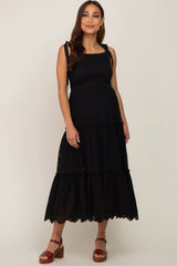 Black Shoulder Tie Eyelet Maternity Maxi Dress