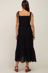 Black Shoulder Tie Eyelet Maternity Maxi Dress