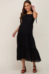 Black Shoulder Tie Eyelet Maternity Maxi Dress